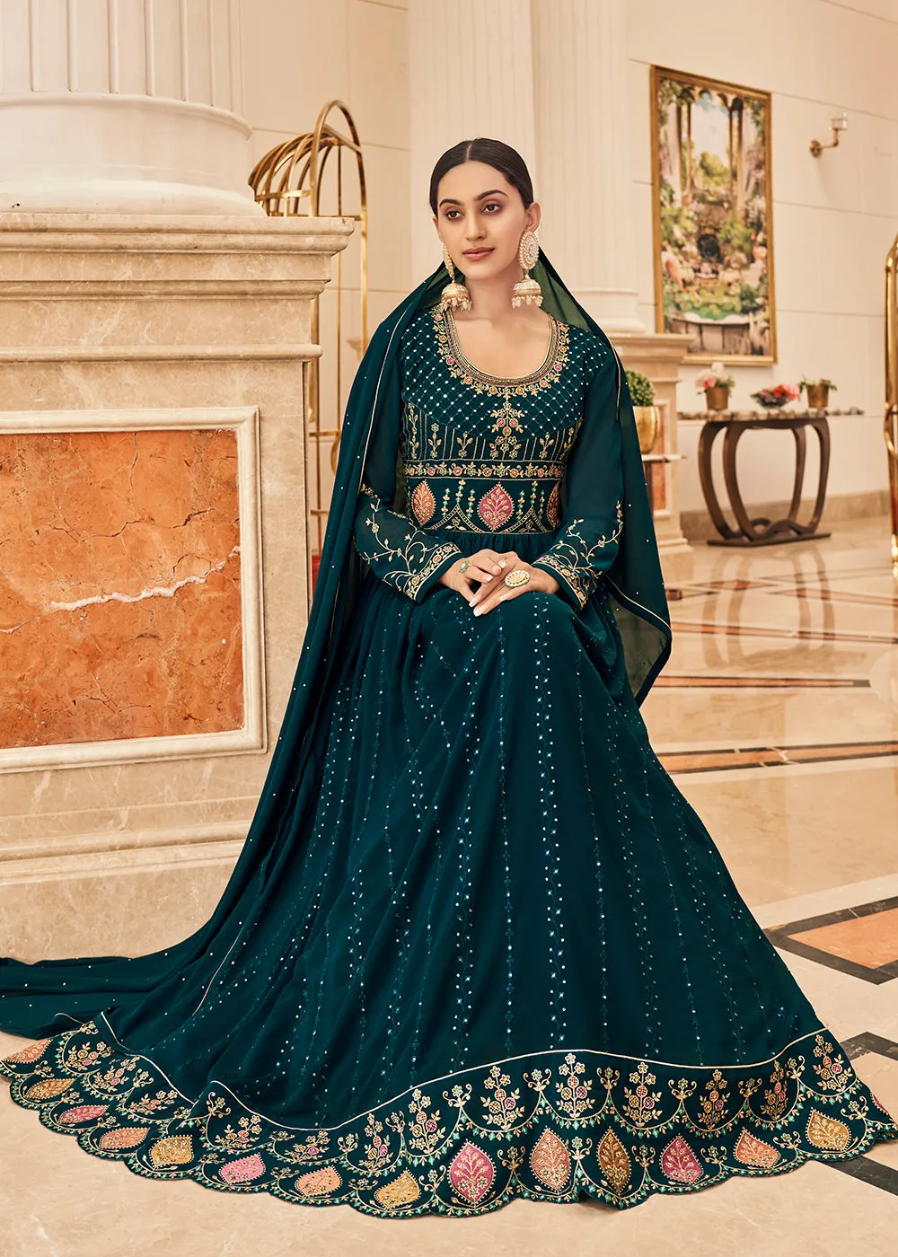 Festive Embroidered Blue Elegant Georgette Anarkali Suit