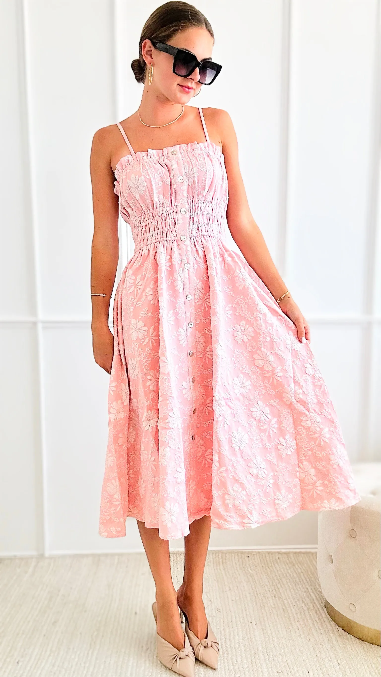 Floral Sleeveless Midi Dress - Pink