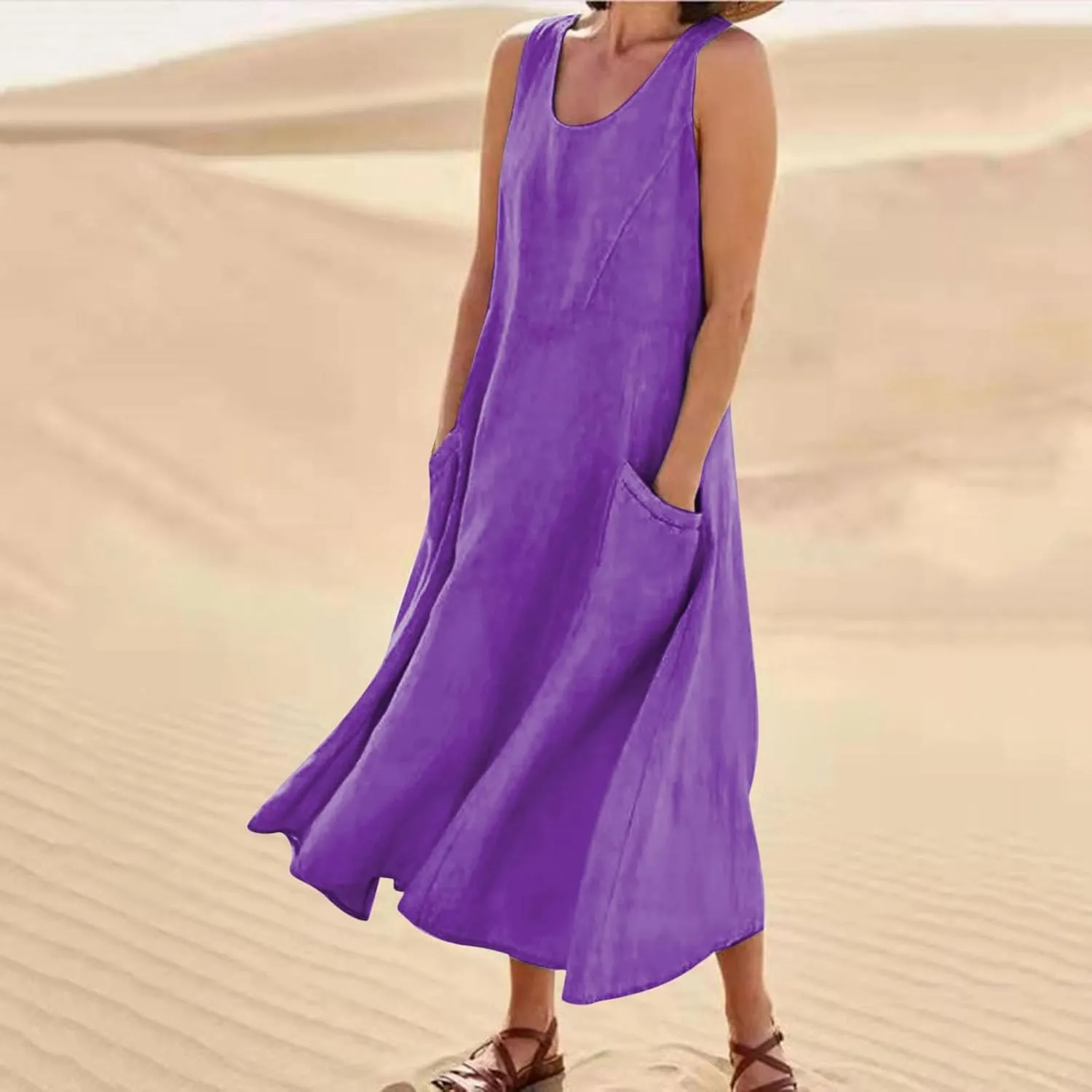 FZYLQY Cotton Linen Maxi Dress for Women 2025 Summer Boho Casual Beach Dresses Sleeveless Solid Long Dress Vacation Outfits