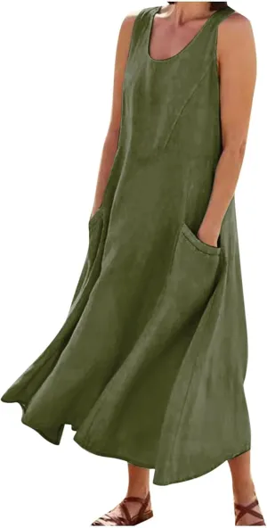 FZYLQY Cotton Linen Maxi Dress for Women 2025 Summer Boho Casual Beach Dresses Sleeveless Solid Long Dress Vacation Outfits