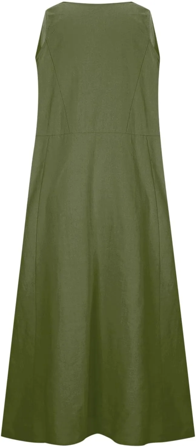 FZYLQY Cotton Linen Maxi Dress for Women 2025 Summer Boho Casual Beach Dresses Sleeveless Solid Long Dress Vacation Outfits