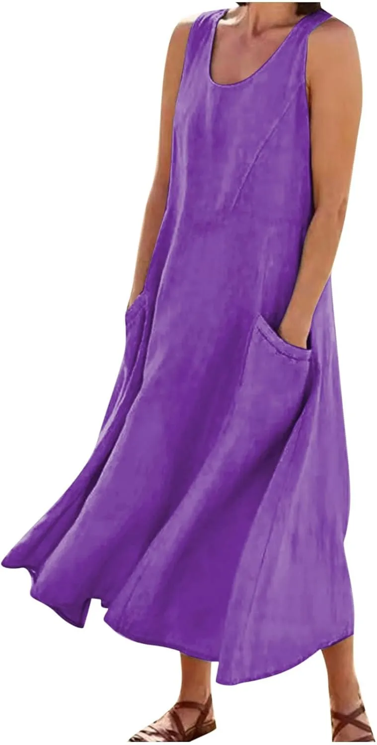 FZYLQY Cotton Linen Maxi Dress for Women 2025 Summer Boho Casual Beach Dresses Sleeveless Solid Long Dress Vacation Outfits