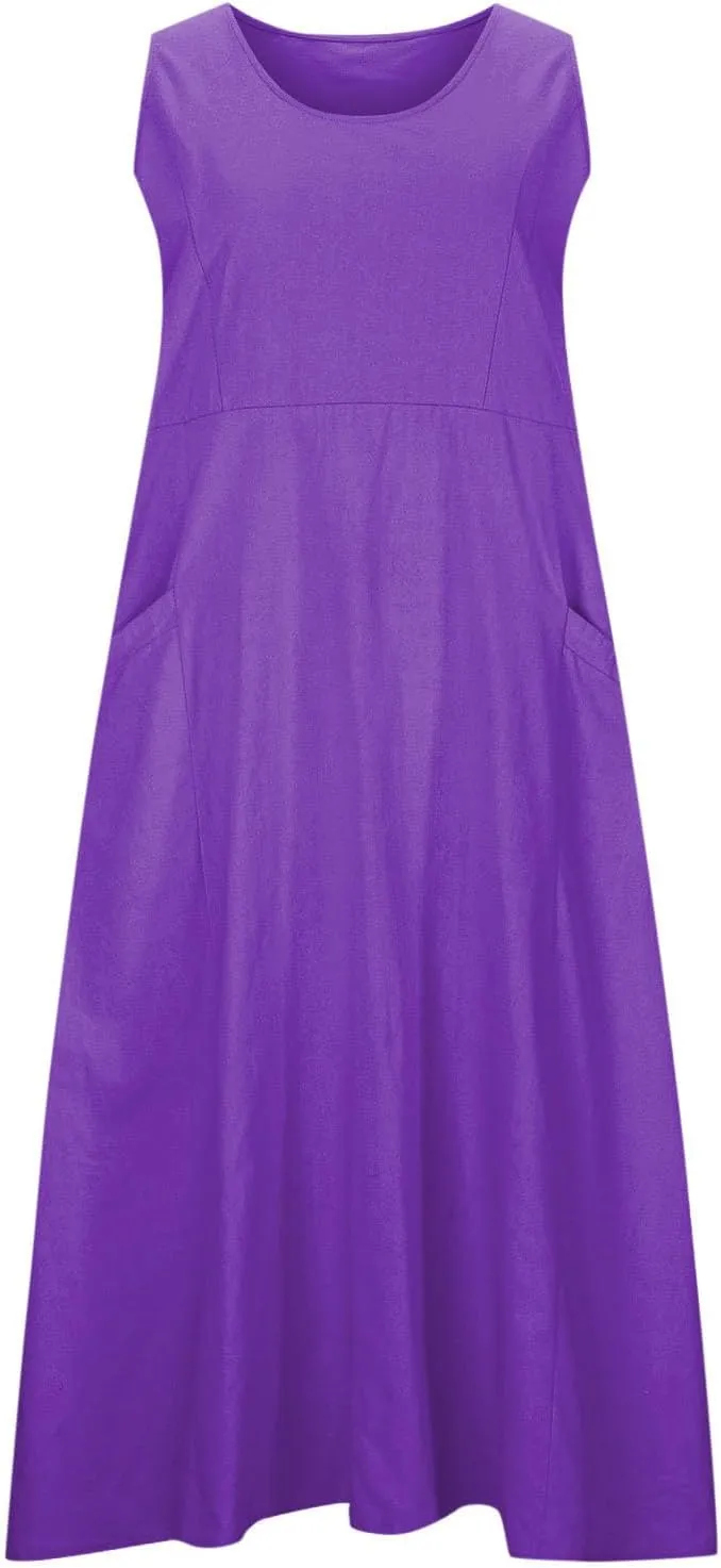 FZYLQY Cotton Linen Maxi Dress for Women 2025 Summer Boho Casual Beach Dresses Sleeveless Solid Long Dress Vacation Outfits