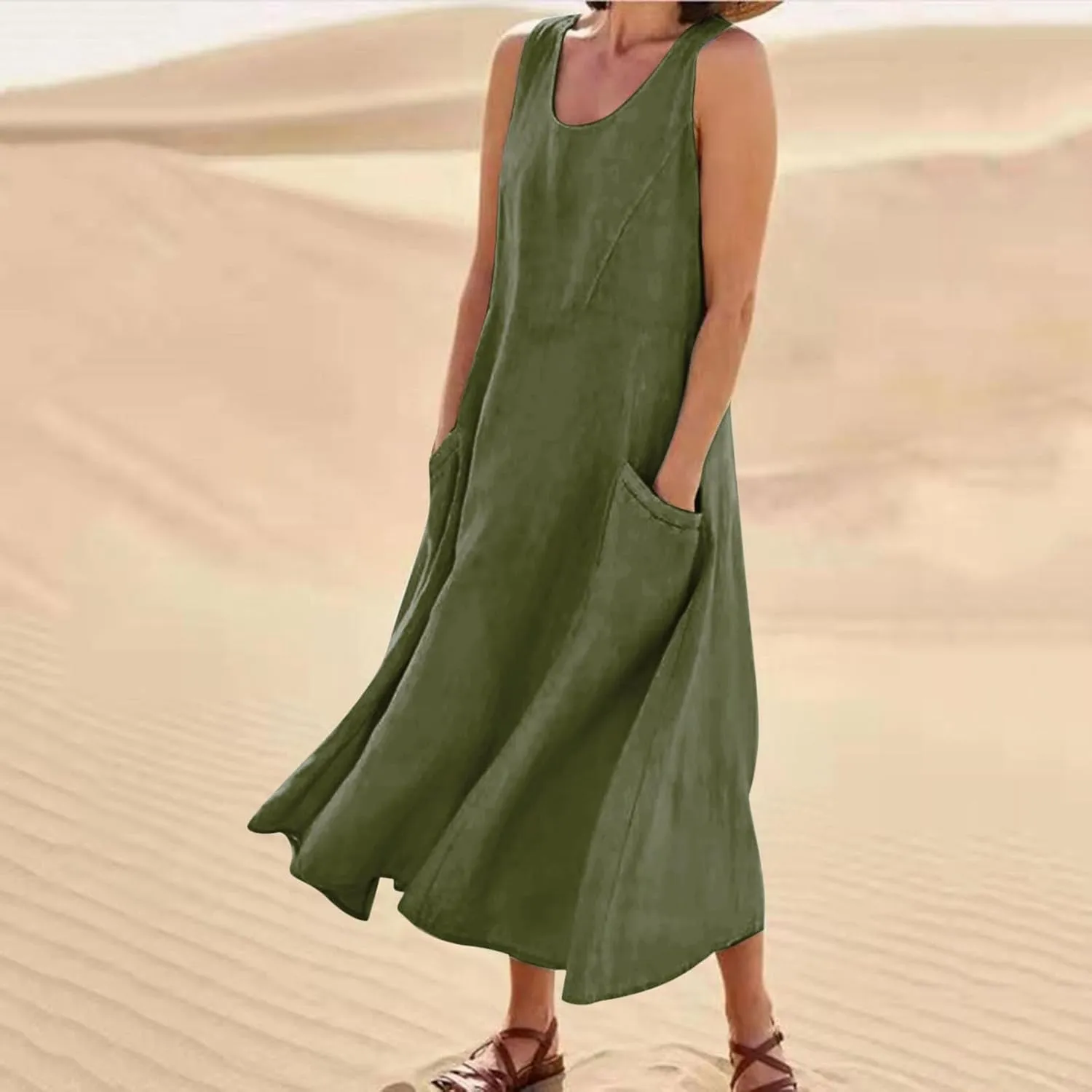 FZYLQY Cotton Linen Maxi Dress for Women 2025 Summer Boho Casual Beach Dresses Sleeveless Solid Long Dress Vacation Outfits