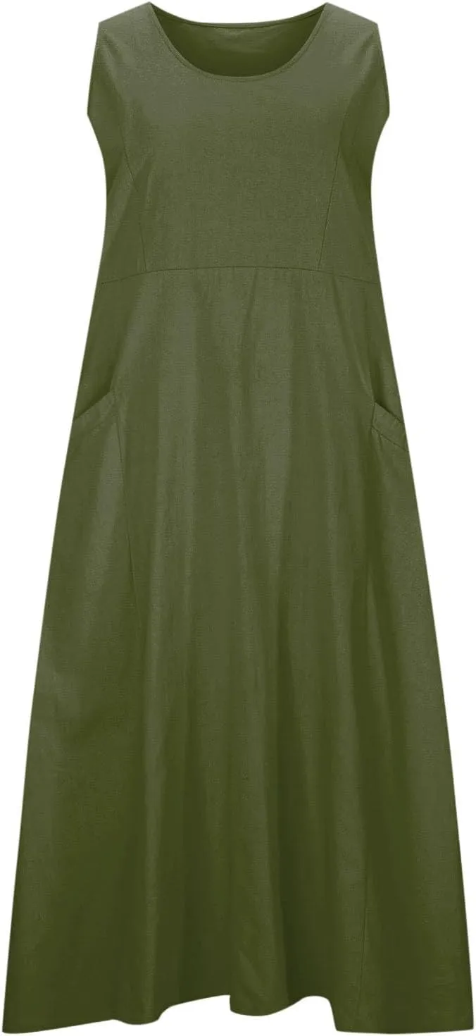 FZYLQY Cotton Linen Maxi Dress for Women 2025 Summer Boho Casual Beach Dresses Sleeveless Solid Long Dress Vacation Outfits