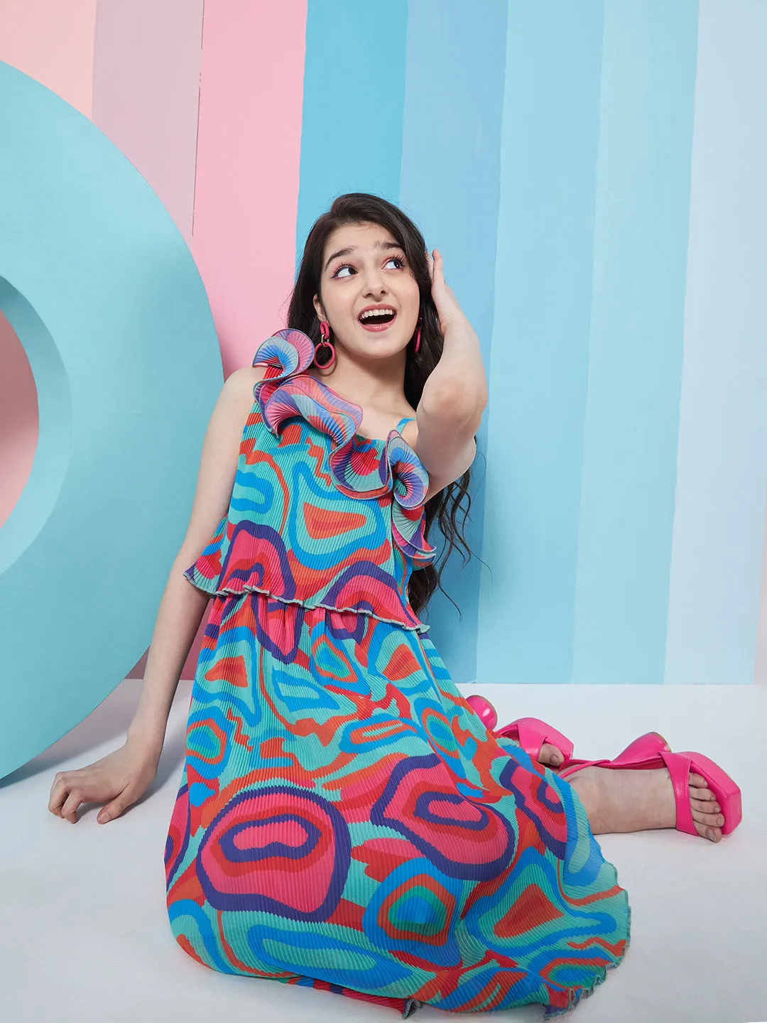 Girls Abstract Printed One Shoulder Georgette Fit Flare Midi Dress