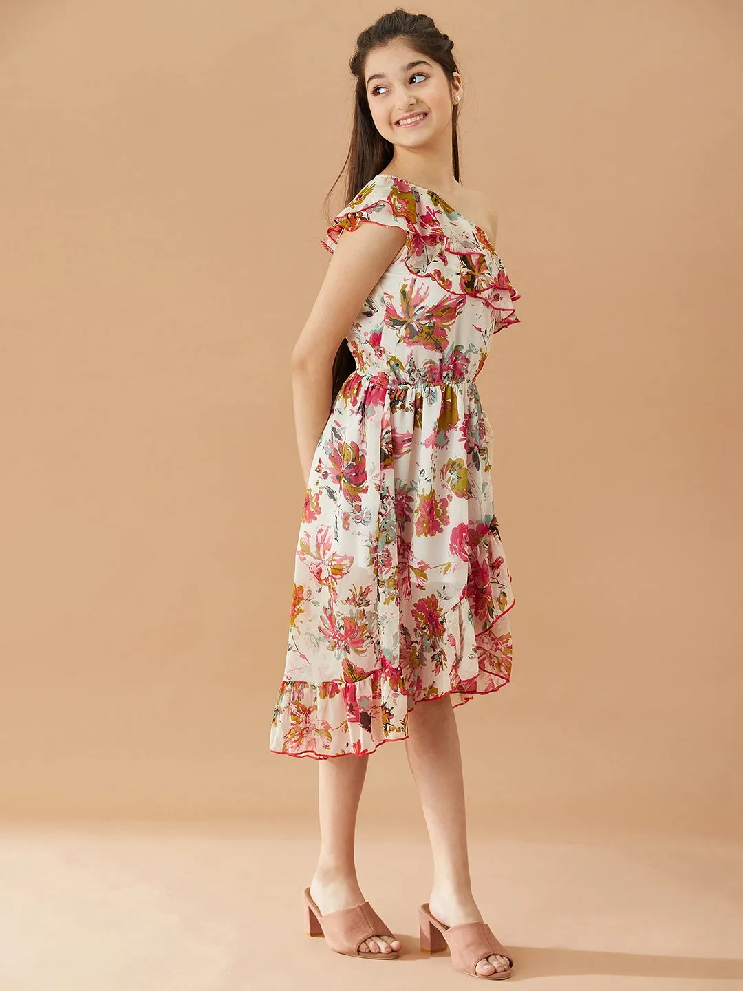Girls Floral Printed One Shoulder Midi Fit Flare Dress