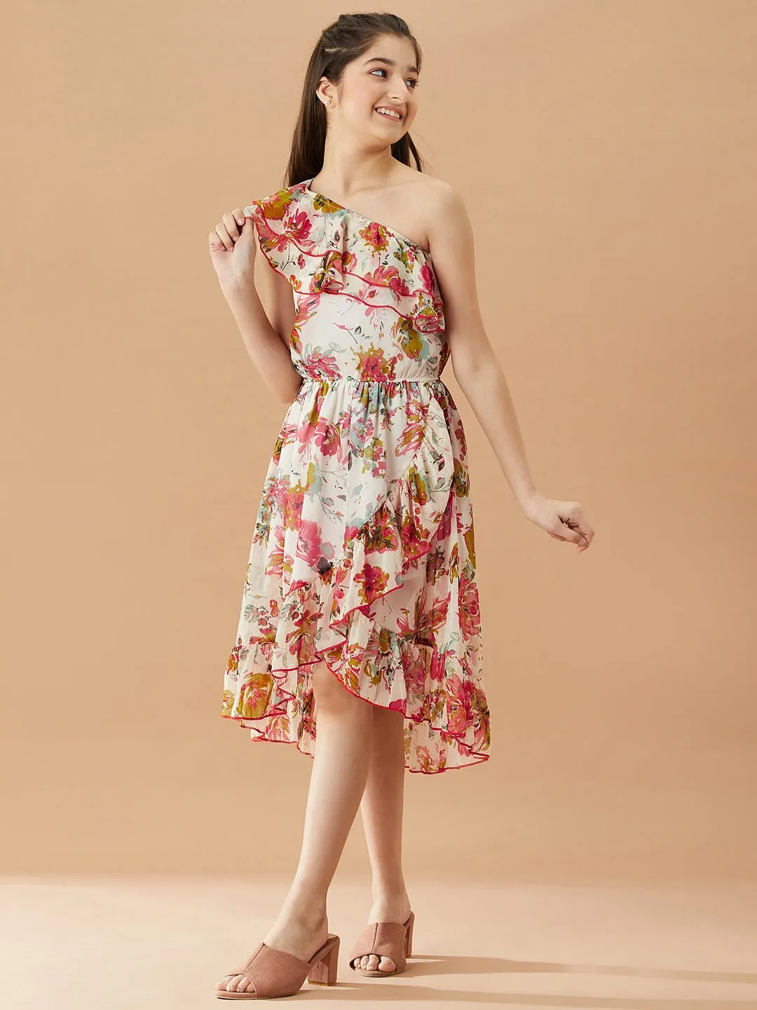 Girls Floral Printed One Shoulder Midi Fit Flare Dress