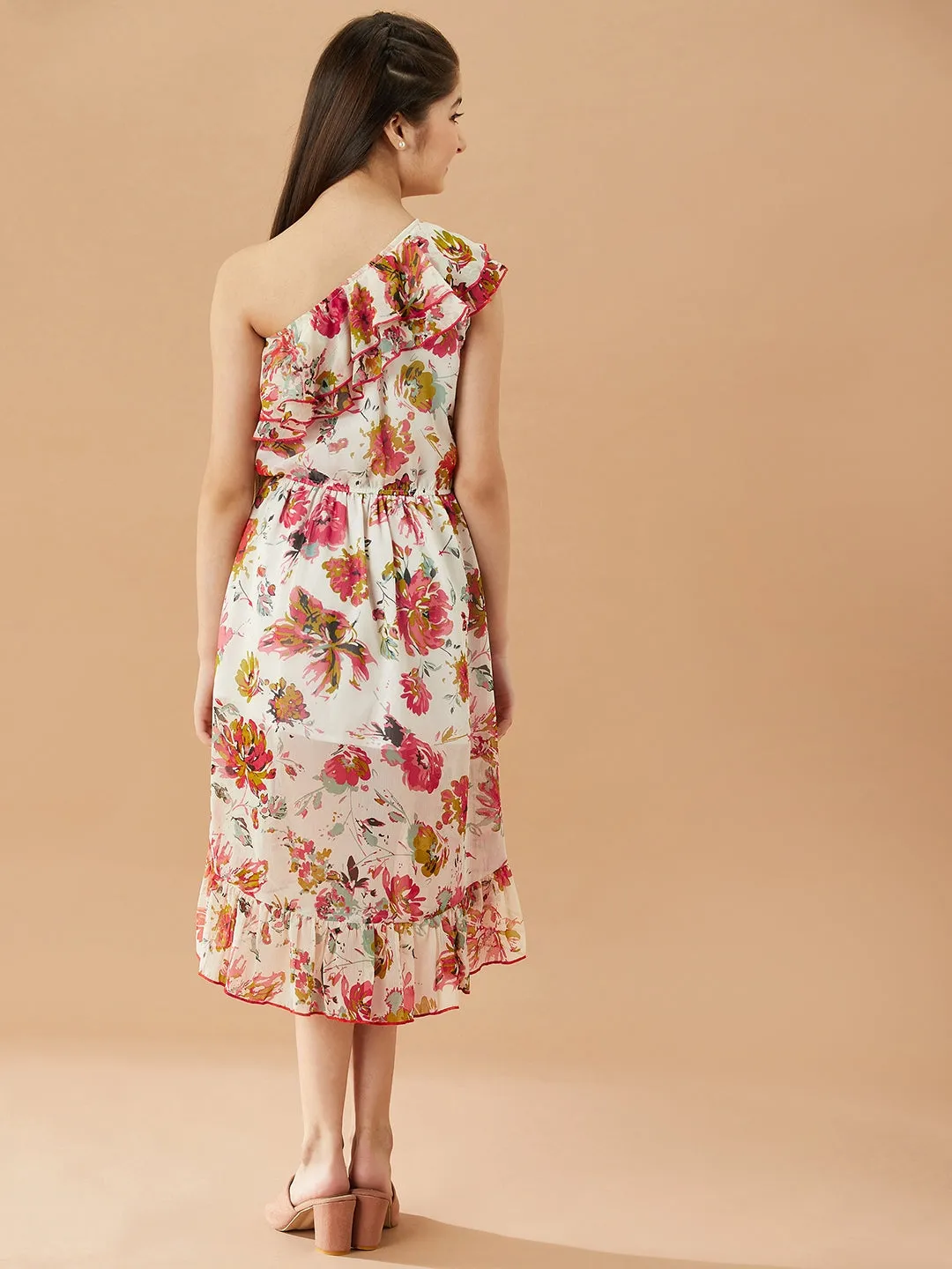 Girls Floral Printed One Shoulder Midi Fit Flare Dress