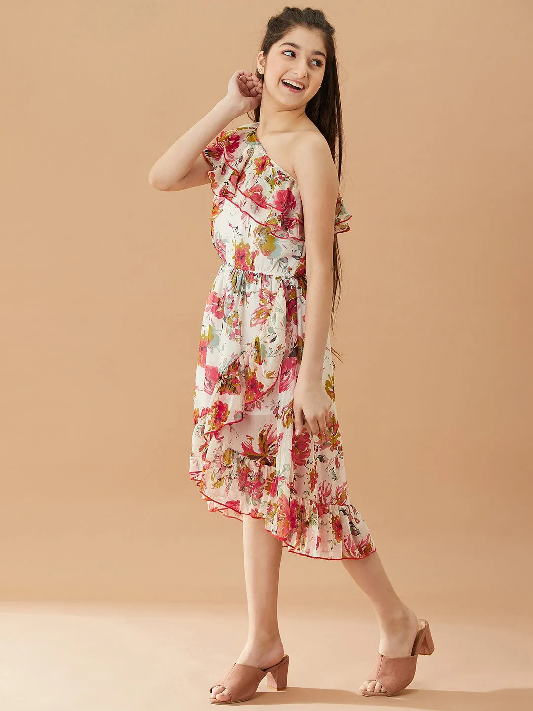 Girls Floral Printed One Shoulder Midi Fit Flare Dress