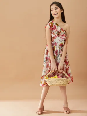 Girls Floral Printed One Shoulder Midi Fit Flare Dress