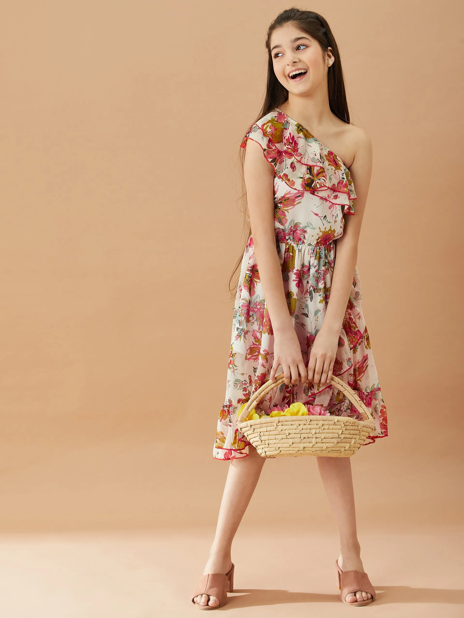 Girls Floral Printed One Shoulder Midi Fit Flare Dress