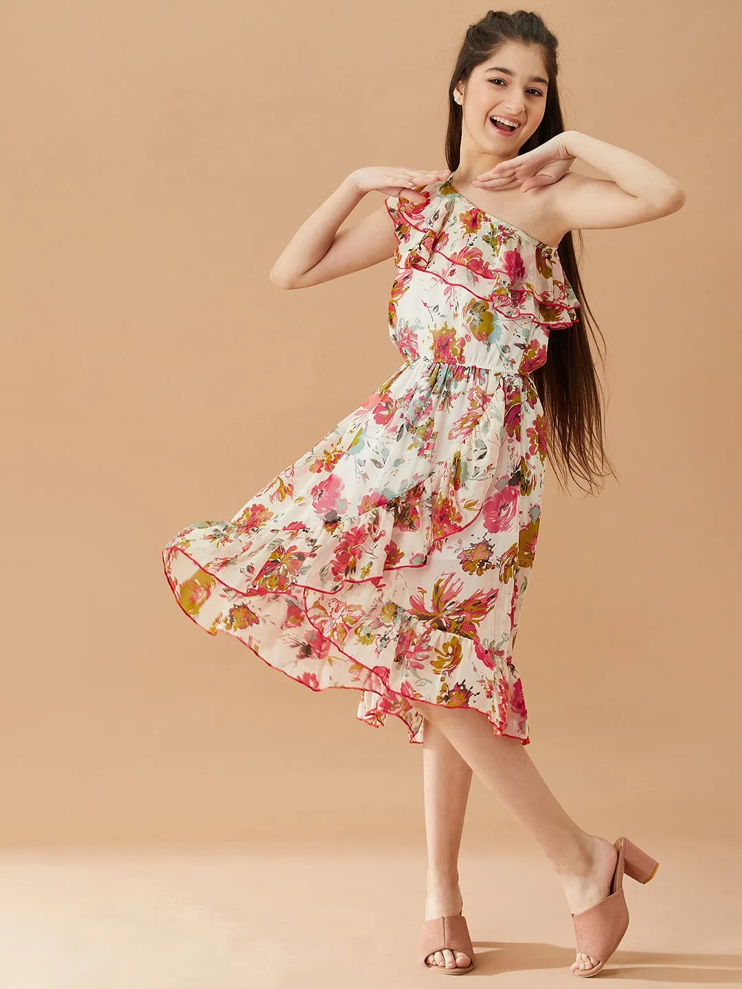 Girls Floral Printed One Shoulder Midi Fit Flare Dress