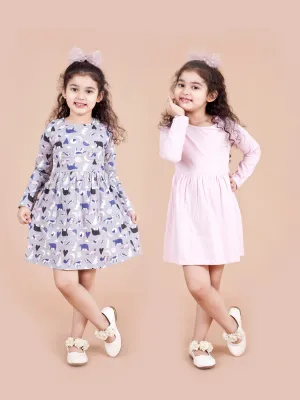 Girls Multicoloured Pack Of 2 Round Neck Gathered Or Pleated Cotton Fit Flare