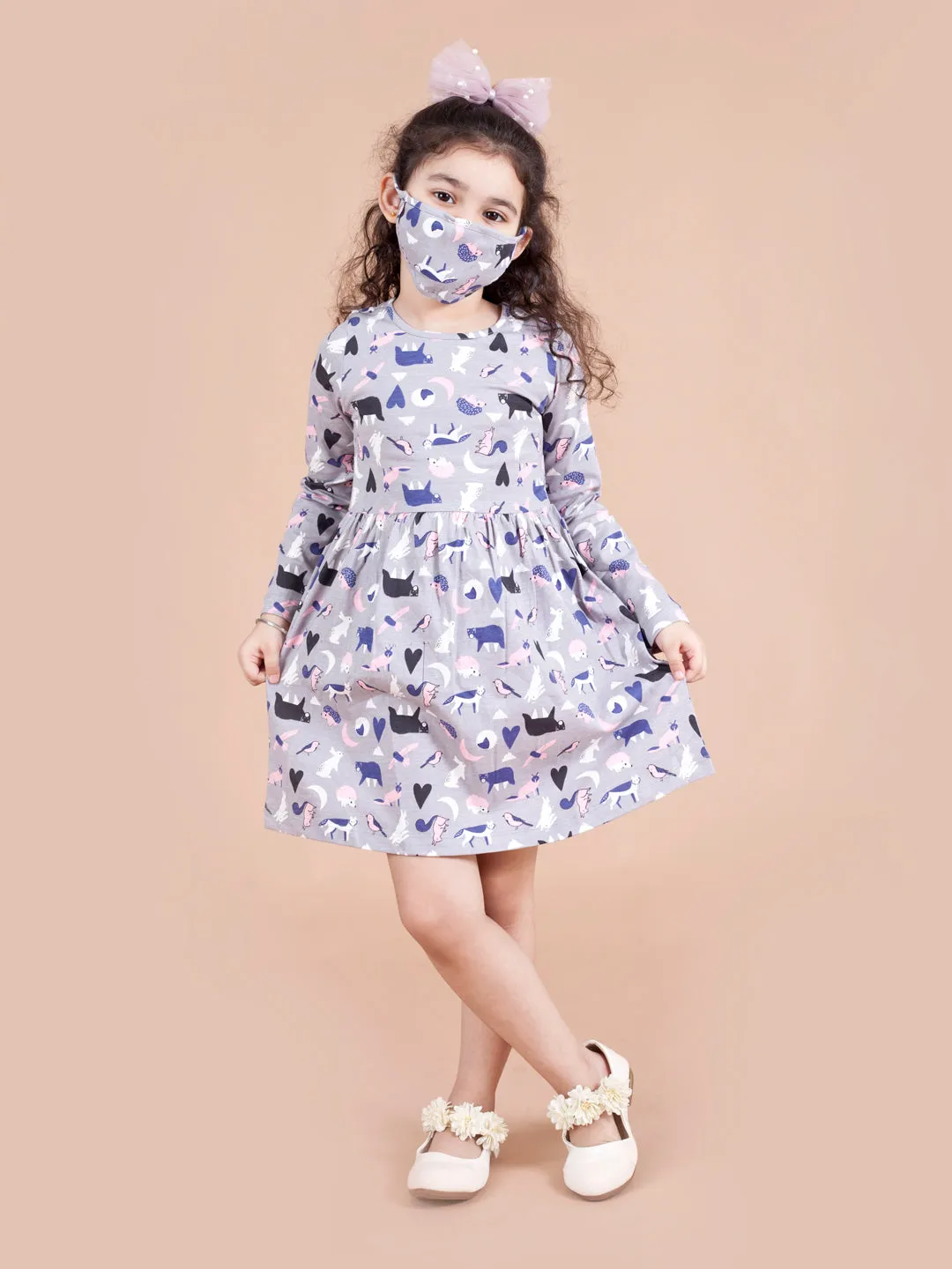Girls Multicoloured Pack Of 2 Round Neck Gathered Or Pleated Cotton Fit Flare