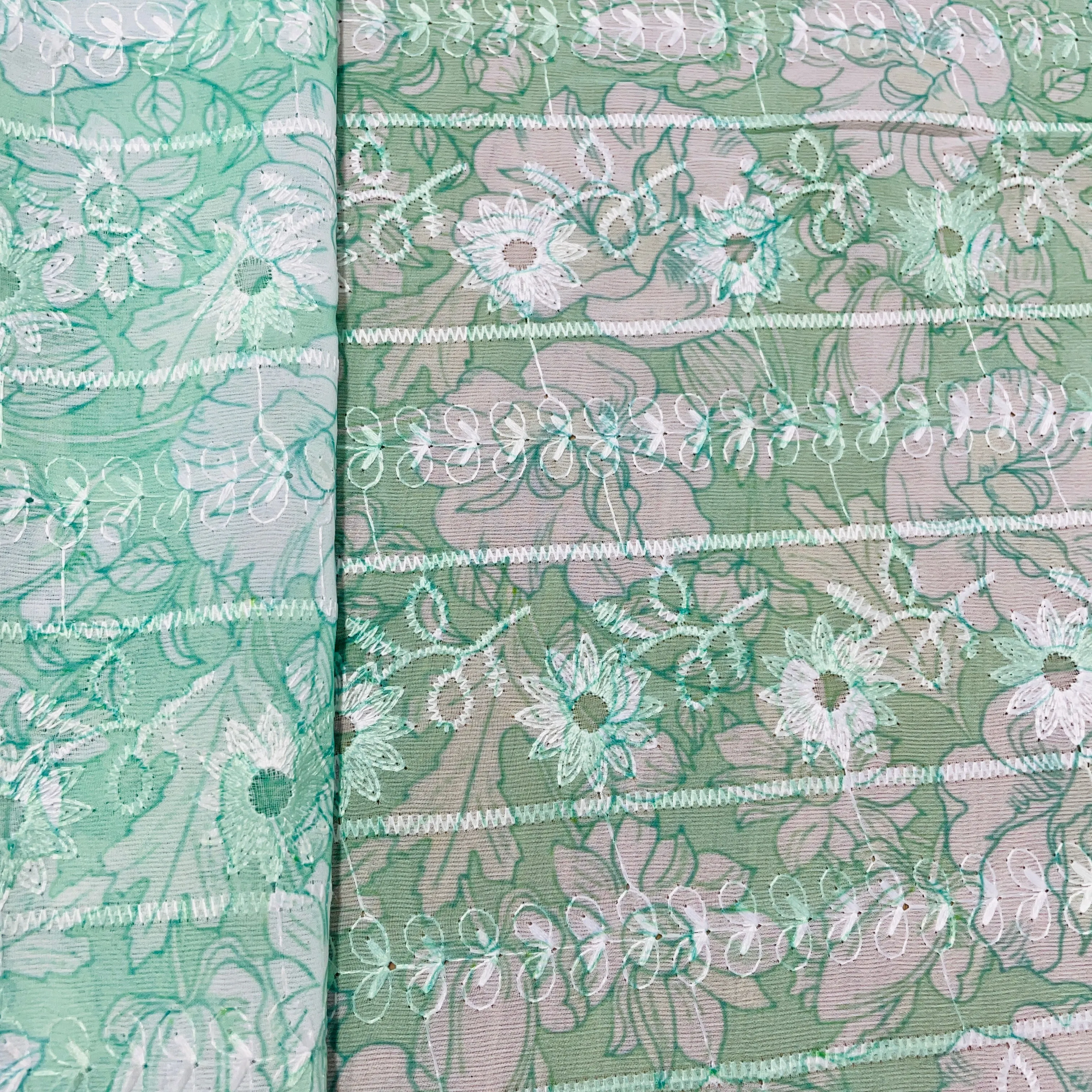 Green & White Thread Embroidery Imported Organza Chiffon Fabric