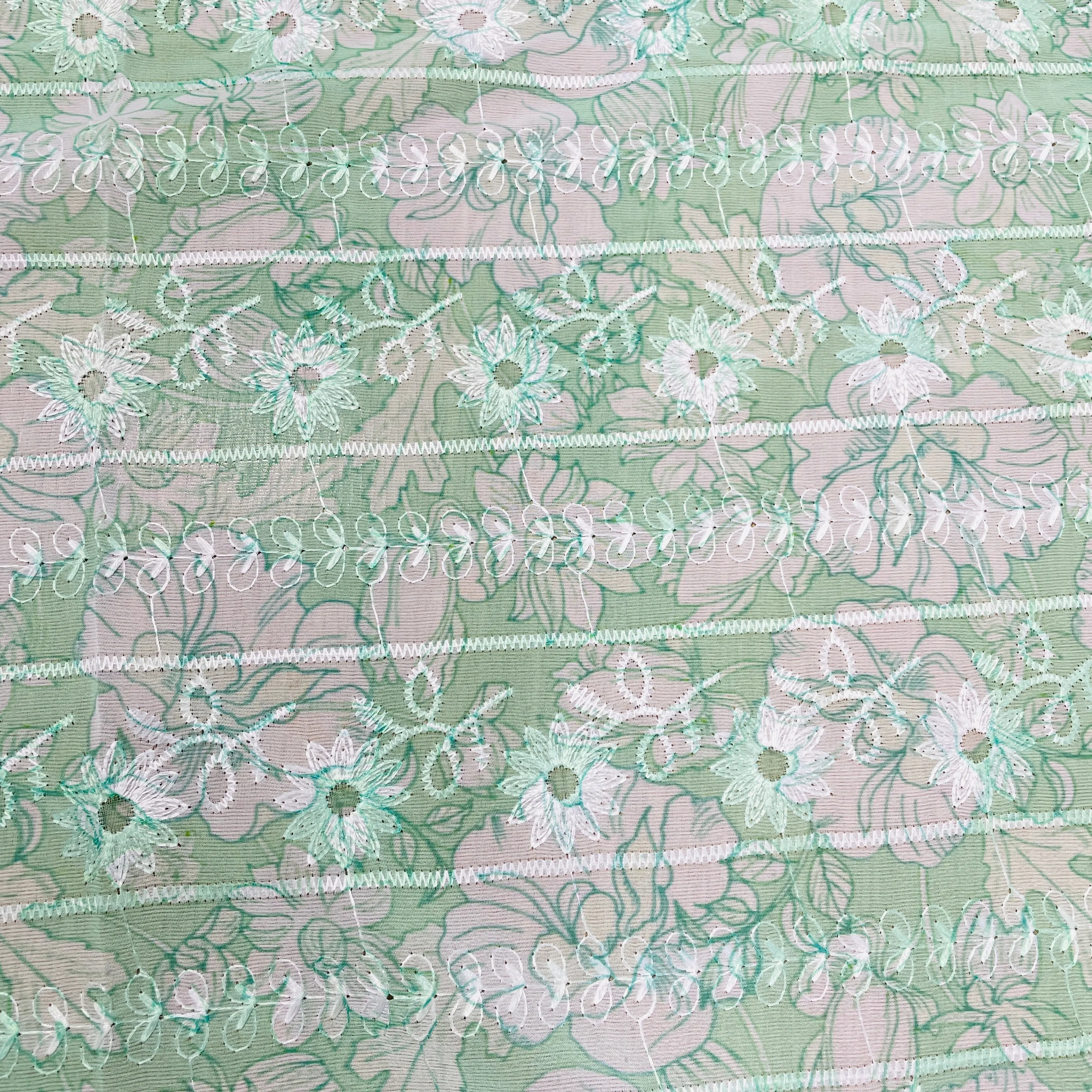Green & White Thread Embroidery Imported Organza Chiffon Fabric