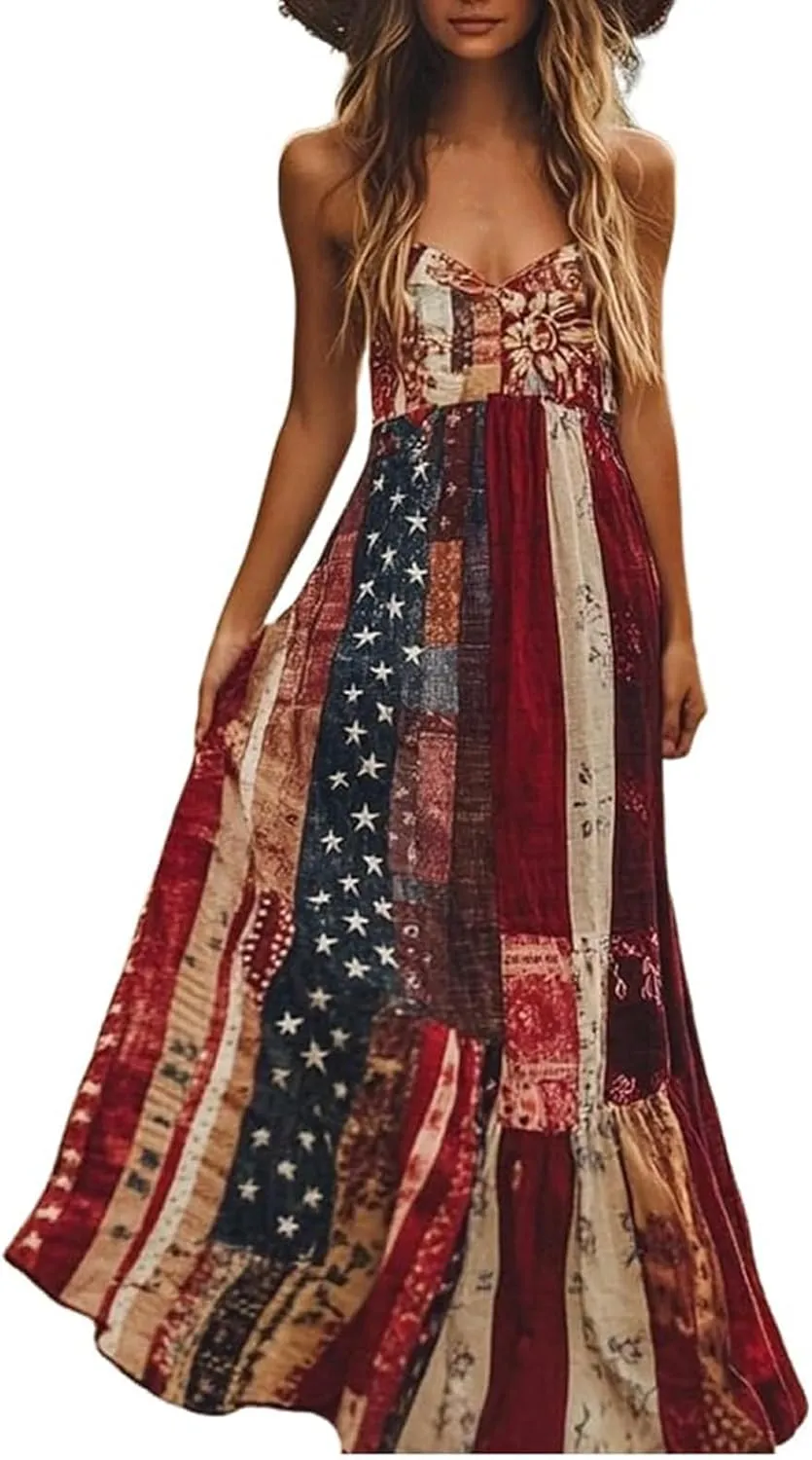 Independence Day Dress for Womens 4th of July American Flag Patchwork Stripes Sleeveless Waist Cinching Maxi Dresses
