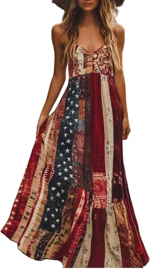 Independence Day Dress for Womens 4th of July American Flag Patchwork Stripes Sleeveless Waist Cinching Maxi Dresses