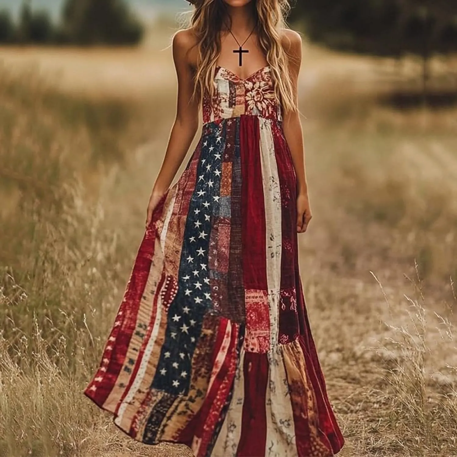 Independence Day Dress for Womens 4th of July American Flag Patchwork Stripes Sleeveless Waist Cinching Maxi Dresses