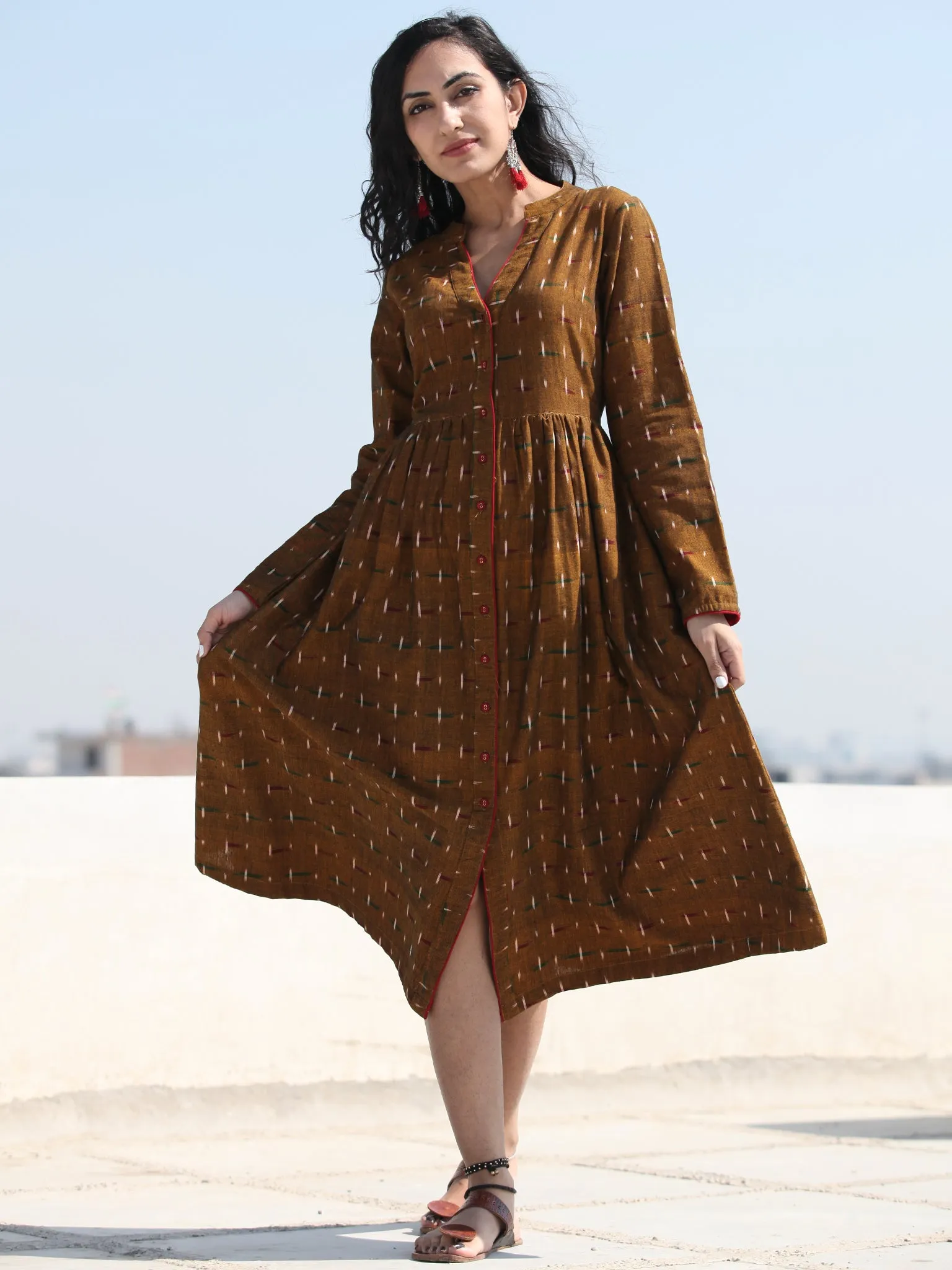 Irhaa - Handwoven Ikat Tie Front Open Midi Dress - D313FYYY