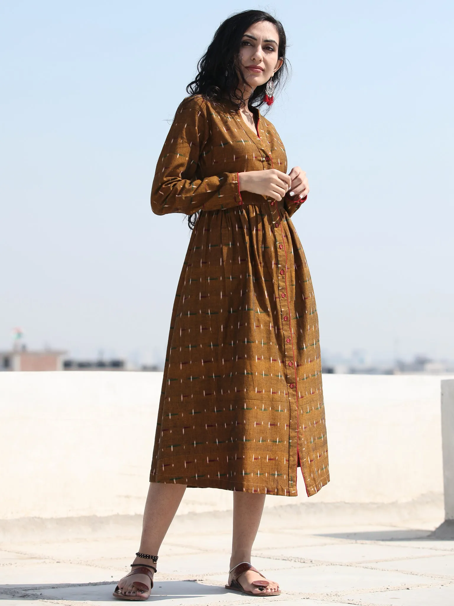 Irhaa - Handwoven Ikat Tie Front Open Midi Dress - D313FYYY