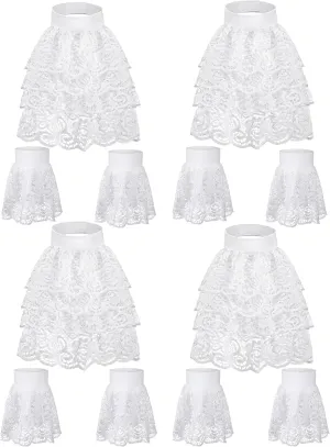Janmercy 4 Set Halloween White Victorian Lace Jabot and Cuffs Set Colonial Lace Collar Detachable Fake Sleeve for Pirate Colonial Stage Party Halloween Cosplay Costume Accessory