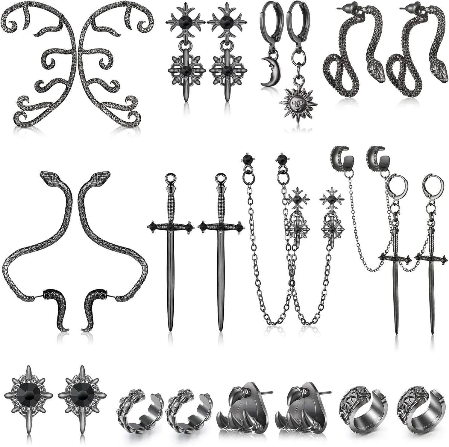 Kigeli 12 Pairs Gothic Earrings for Men Women Black Dangle Punk Earrings Stud Chain Cuff Y2k Hinged Hoop Set for Unisex Hip Hop Kpop Birthday Gifts