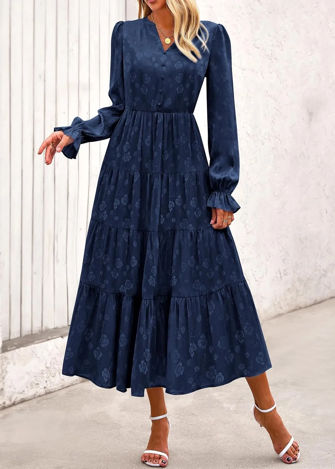 KIRUNDO Dresses for Women 2025 Elegant Classy Wedding Guest Maxi Long Sleeve Empire Waist Ruffle Tiered A Line Long Dress