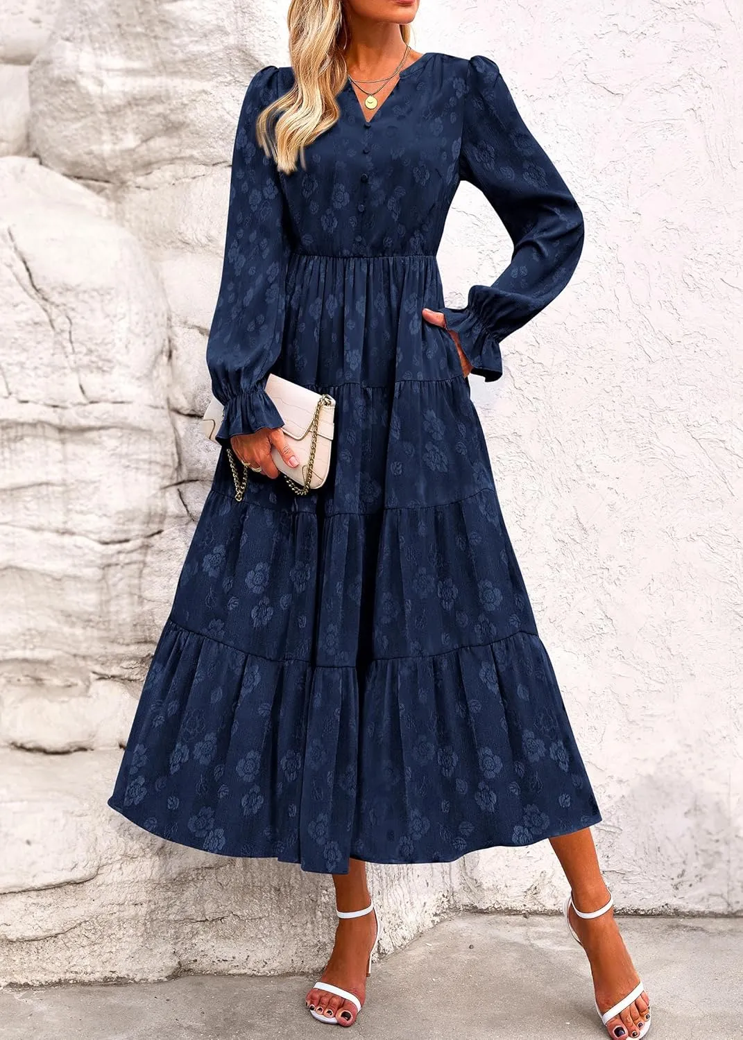 KIRUNDO Dresses for Women 2025 Elegant Classy Wedding Guest Maxi Long Sleeve Empire Waist Ruffle Tiered A Line Long Dress