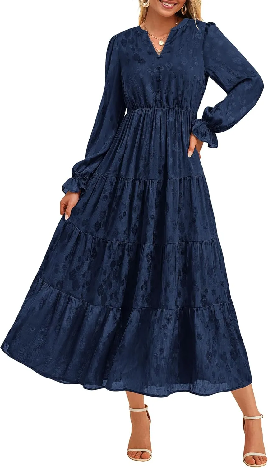 KIRUNDO Dresses for Women 2025 Elegant Classy Wedding Guest Maxi Long Sleeve Empire Waist Ruffle Tiered A Line Long Dress