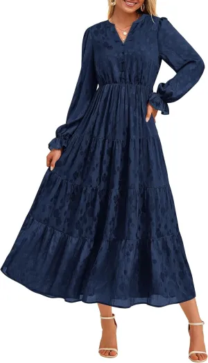 KIRUNDO Dresses for Women 2025 Elegant Classy Wedding Guest Maxi Long Sleeve Empire Waist Ruffle Tiered A Line Long Dress