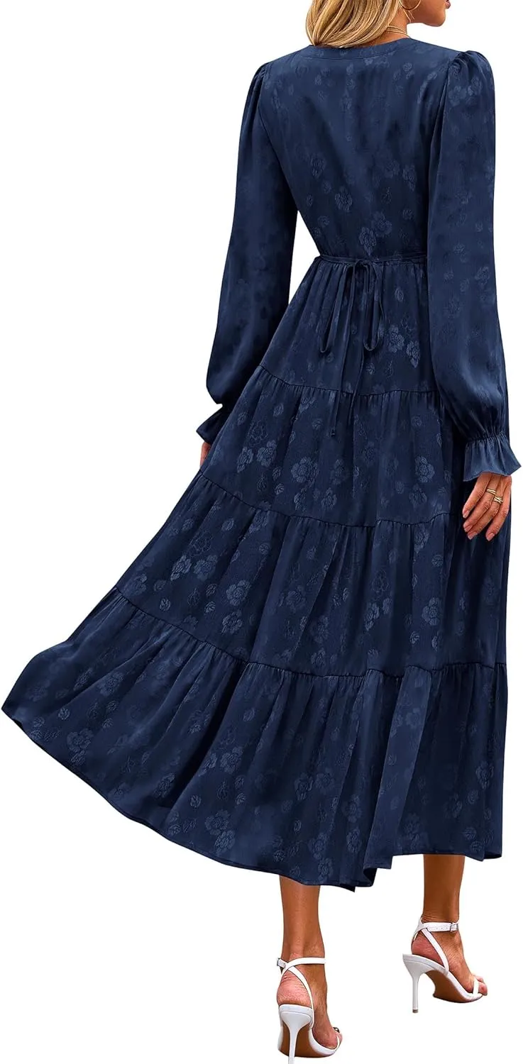 KIRUNDO Dresses for Women 2025 Elegant Classy Wedding Guest Maxi Long Sleeve Empire Waist Ruffle Tiered A Line Long Dress