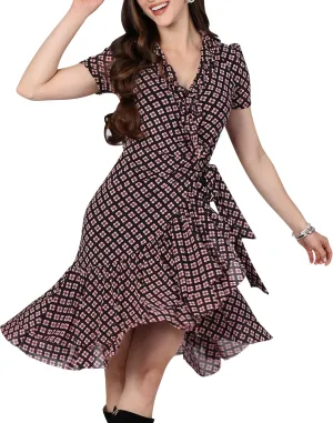KOH KOH Womens 2025 Short Sleeve Wrap Ruffled Wedding Guest Print Mini Dress