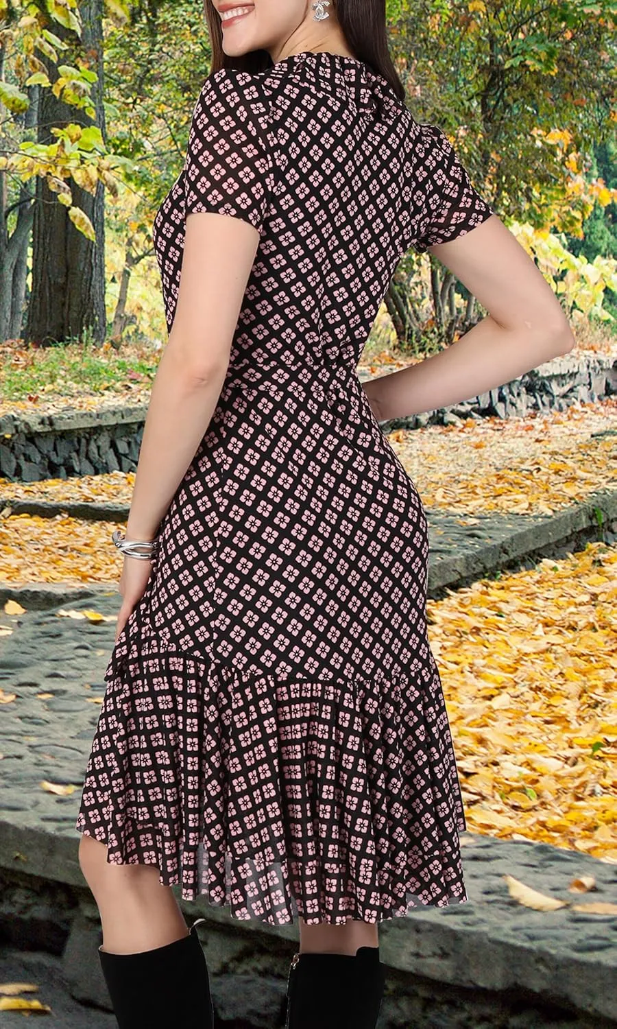 KOH KOH Womens 2025 Short Sleeve Wrap Ruffled Wedding Guest Print Mini Dress