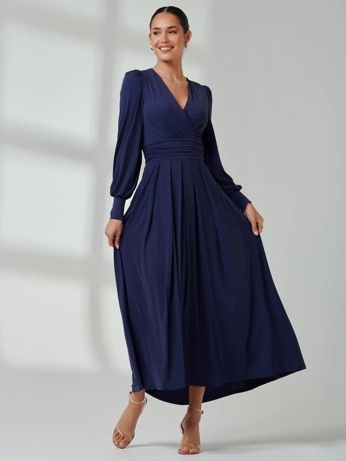 Long Sleeve Soft Silky Jersey Maxi Dress, Navy