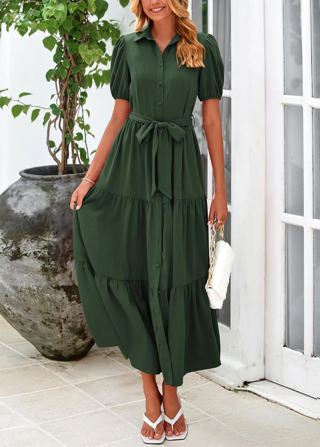 MASCOMODA Womens Summer Dresses 2025 Short Sleeve Maxi Dress Casual V Neck Button Down Tiered A Line Flowy Midi Shirt Dress