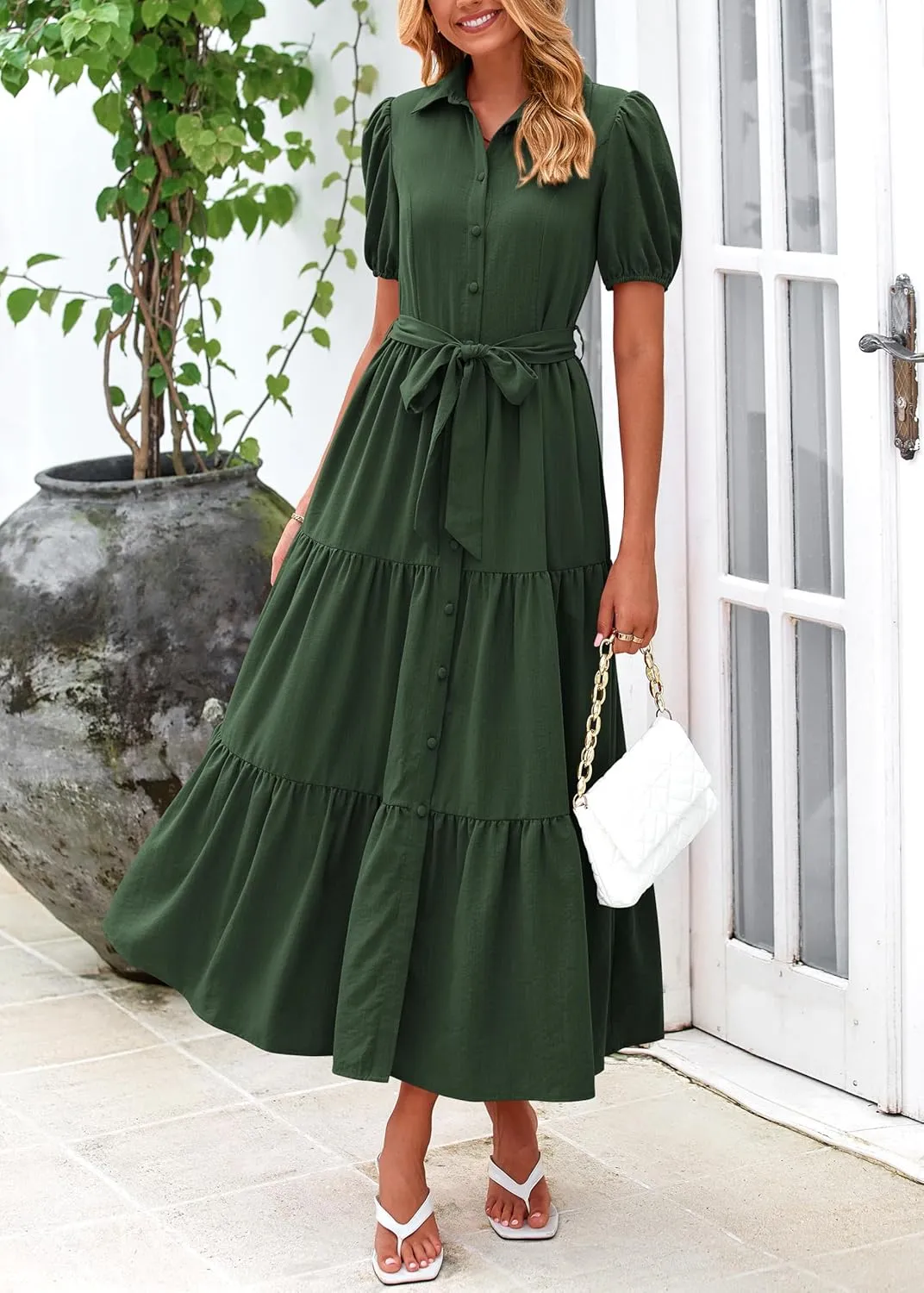 MASCOMODA Womens Summer Dresses 2025 Short Sleeve Maxi Dress Casual V Neck Button Down Tiered A Line Flowy Midi Shirt Dress