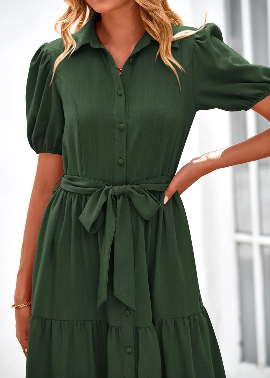 MASCOMODA Womens Summer Dresses 2025 Short Sleeve Maxi Dress Casual V Neck Button Down Tiered A Line Flowy Midi Shirt Dress