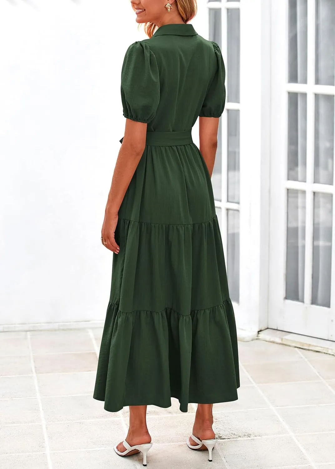 MASCOMODA Womens Summer Dresses 2025 Short Sleeve Maxi Dress Casual V Neck Button Down Tiered A Line Flowy Midi Shirt Dress