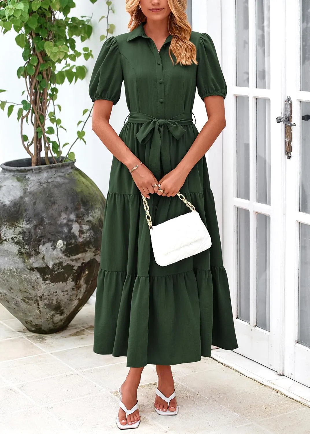 MASCOMODA Womens Summer Dresses 2025 Short Sleeve Maxi Dress Casual V Neck Button Down Tiered A Line Flowy Midi Shirt Dress