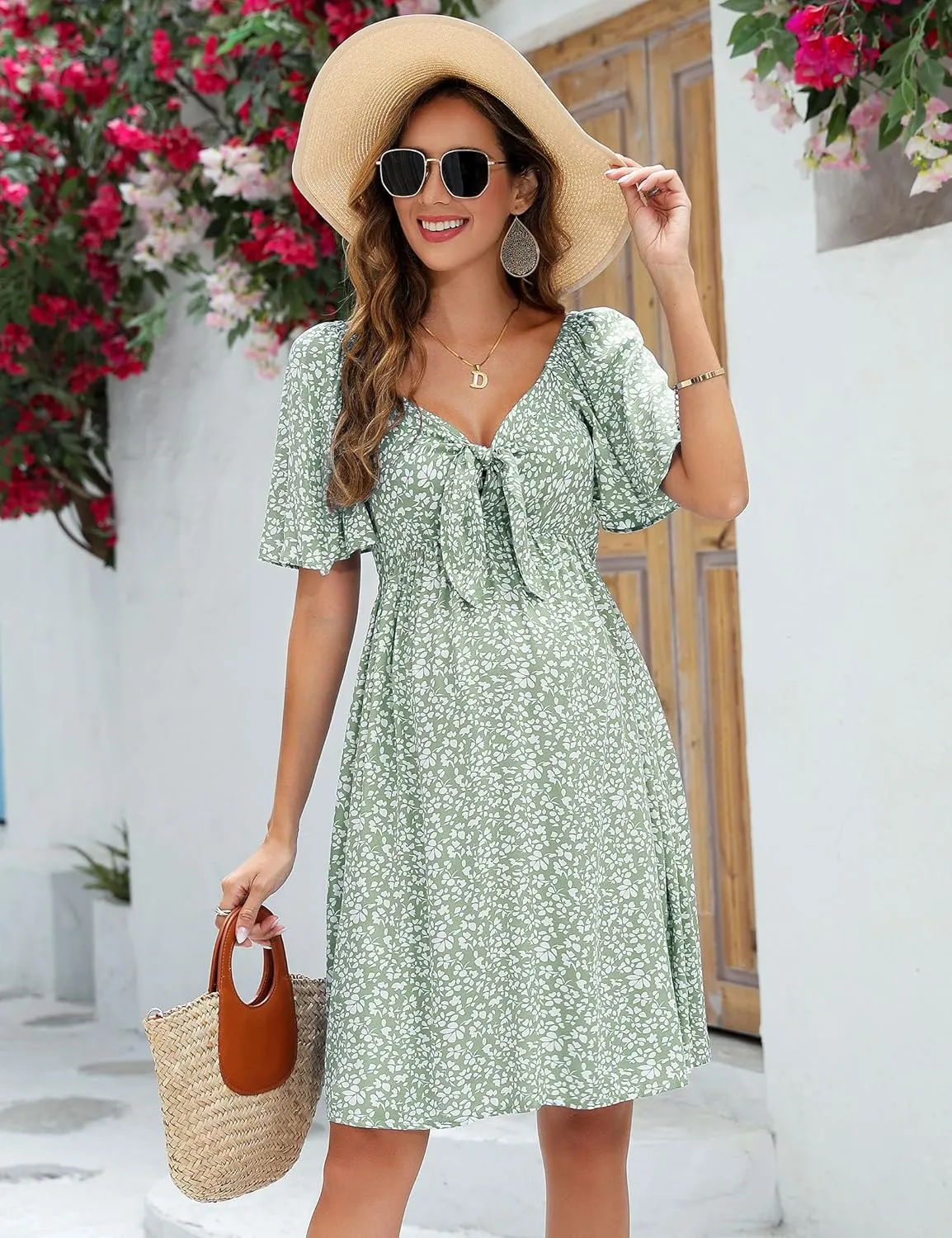 Maternity Dresses for Baby Shower Women's Knotted V Neck Knee Length Wrap Baby Shower Dress