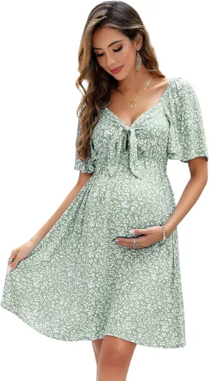 Maternity Dresses for Baby Shower Women's Knotted V Neck Knee Length Wrap Baby Shower Dress