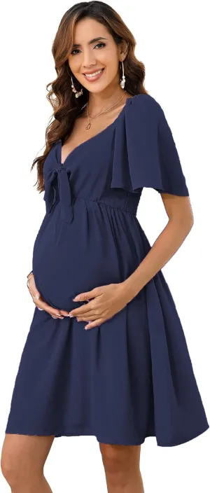 Maternity Dresses for Baby Shower Women's Knotted V Neck Knee Length Wrap Baby Shower Dress