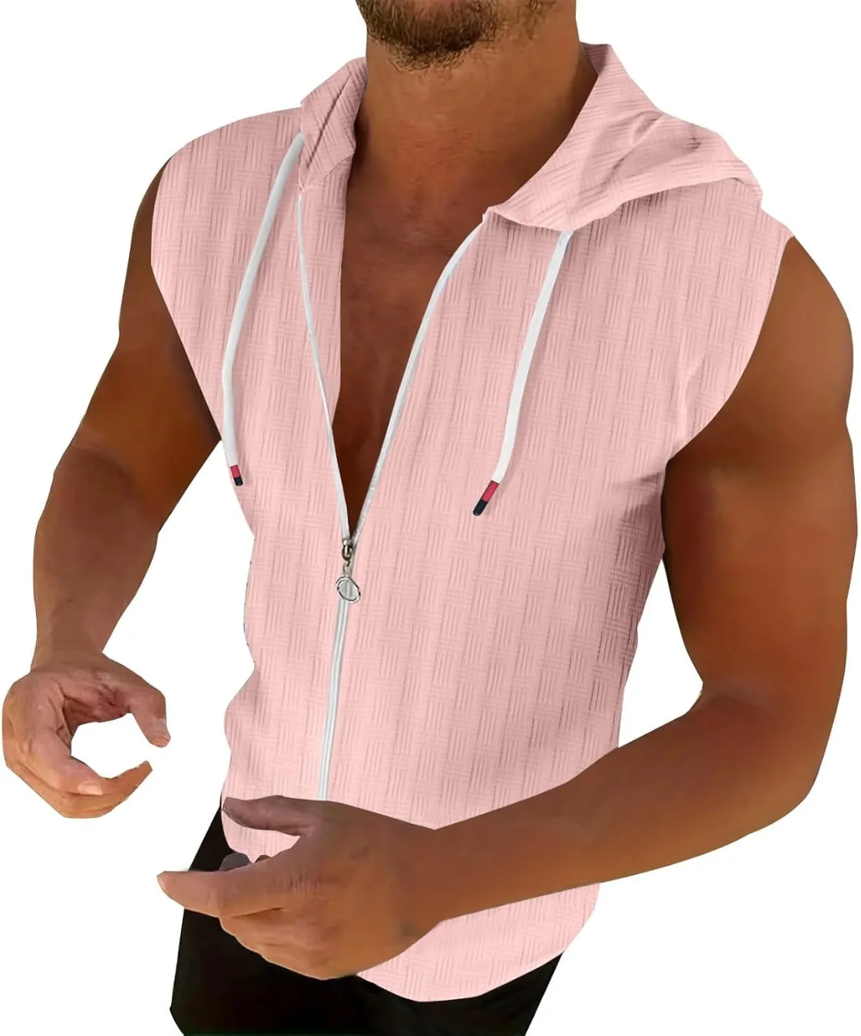 Mens Casual Slim Fit Sleeveless Workout Hoodies Full Zip Fitness Muscle Tshirt Drawstring Cardigan Hooded Shirts