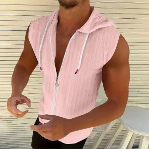 Mens Casual Slim Fit Sleeveless Workout Hoodies Full Zip Fitness Muscle Tshirt Drawstring Cardigan Hooded Shirts