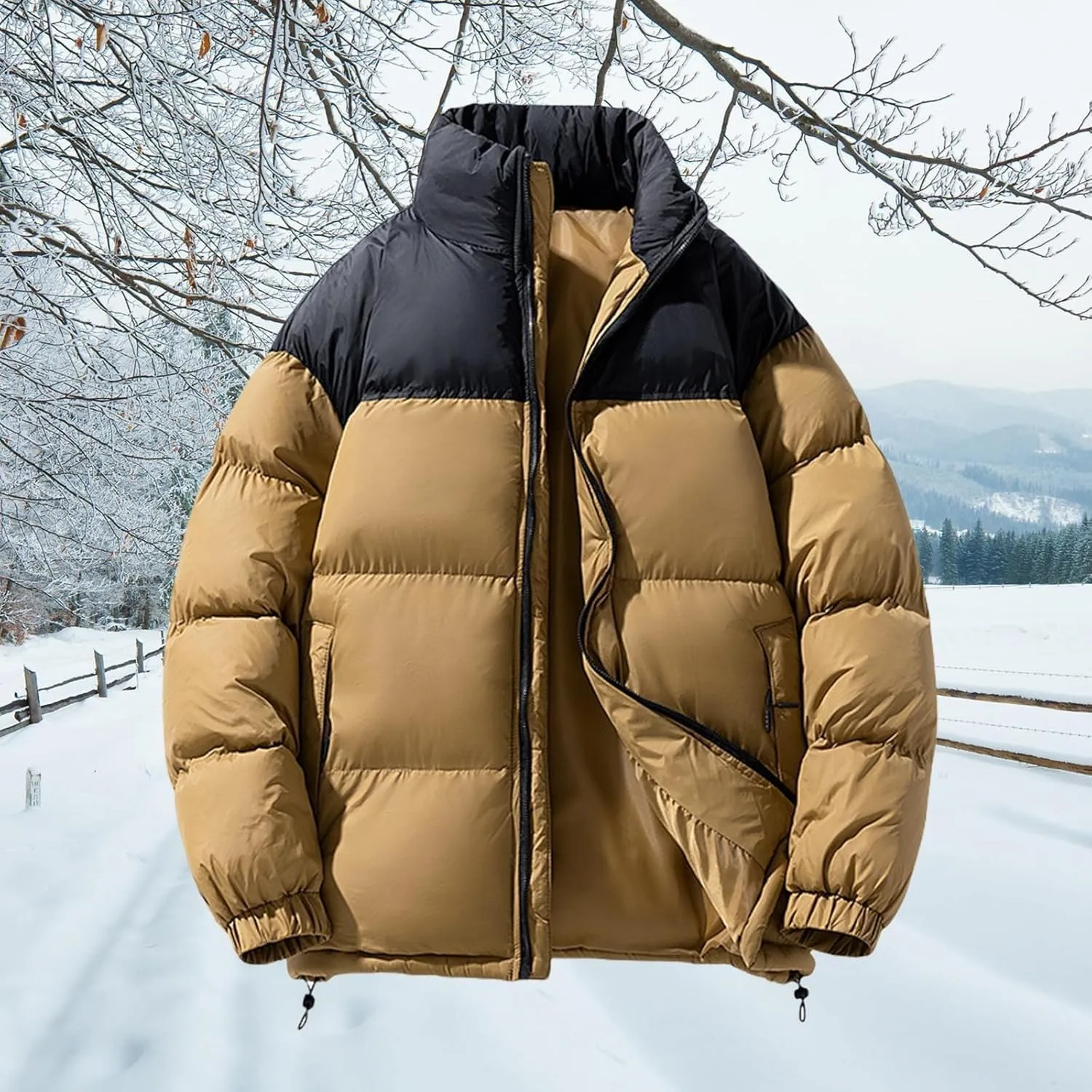 Men's Puffer Jacket Thickened Winter Warm Coat Stand Collar Color Block Zip Up Jacket Ski Bubble Coat Pockets