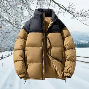 Men's Puffer Jacket Thickened Winter Warm Coat Stand Collar Color Block Zip Up Jacket Ski Bubble Coat Pockets