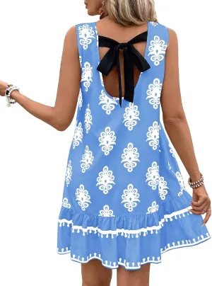 MITILLY Women's Summer Casual Floral Boho Sundresses Crew Neck Backless Printed Beach Ruffle Hem Mini Dress