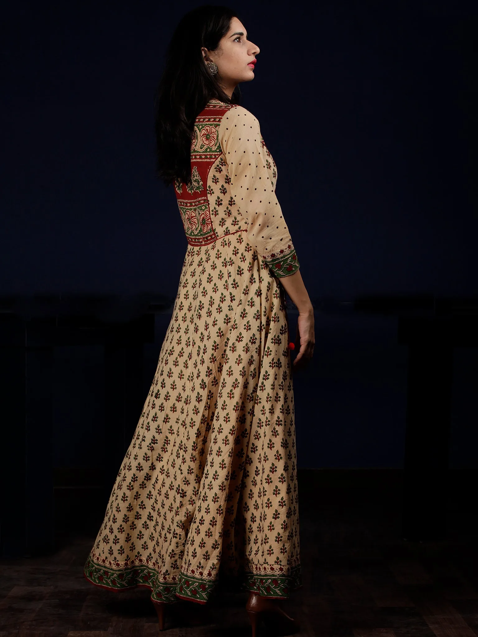 Naaz Beige Rust Green Black Hand Block Printed Long Cotton Kali Dress With Tassels - DS58F001